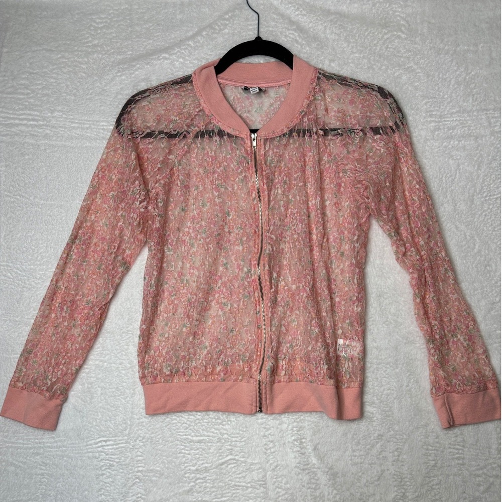 Disney D-Signed Y2K Bomber Jacket Girls L 14/16 Pink Floral Sheer Lace Zip Up